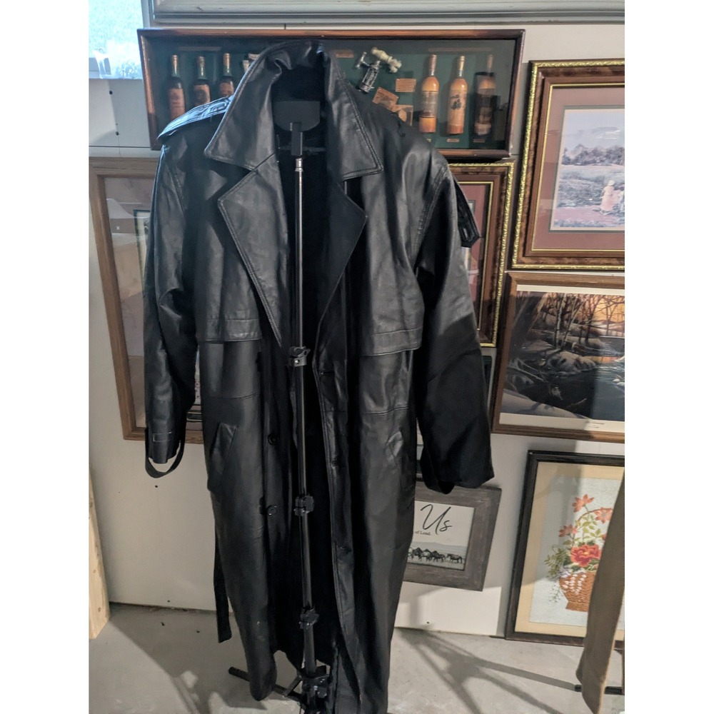 Gianni Ferrara Mens Black Leather Trench Coat Faux Fur Lined Long Jacket Large